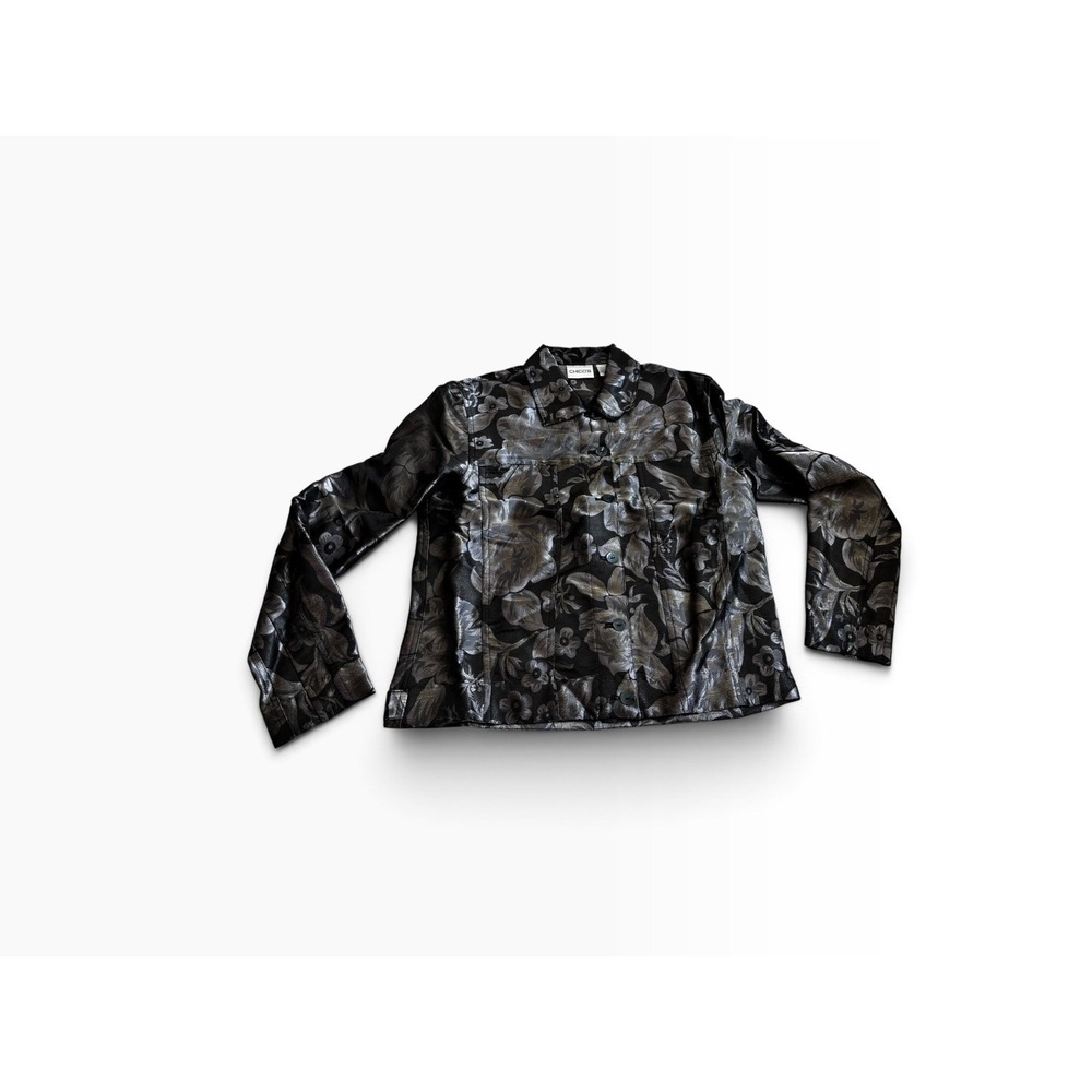 Chico's Jacket Size 0 Silver Black Metallic Silk Floral Brocade Button Front